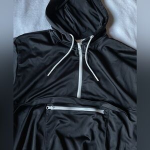 Black Hooded Half-zip Jacket with White Accents and pouch pocket